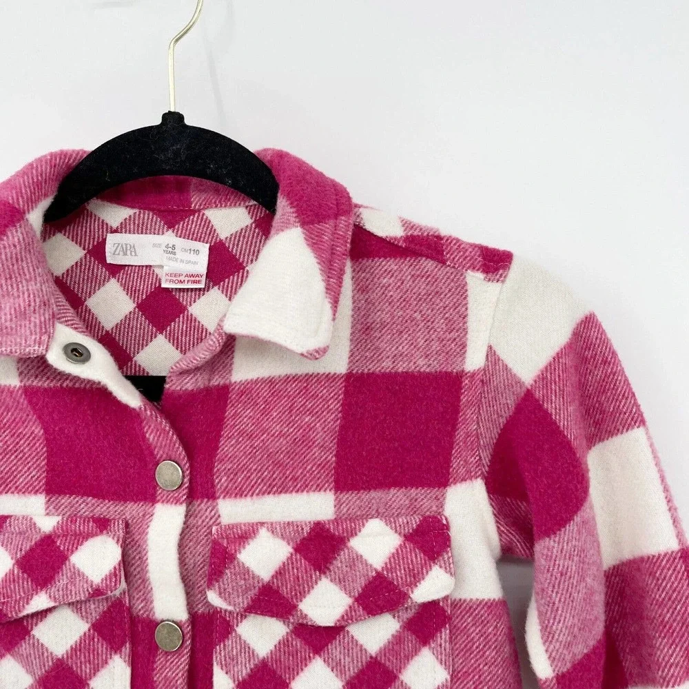 Zara Plaid Overshirt Jacket Girls 4-5 Years‎ Pink White Flannel Button Down Wool